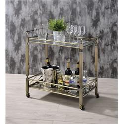 Picture of Benzara BM194344 Two Tiered Metal Serving Cart with Glass Shelves & Side Rails&#44; Antique Gold - 29.92 x 16.14 x 31.5 in.