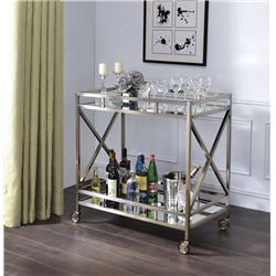 Picture of Benzara BM194346 Metal Framed Two Tier Serving Cart with X Shaped Side Panels&#44; Silver & Clear - 35.04 x 19.68 x 34.25 in.