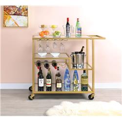 Picture of Benzara BM194348 Metal Framed Serving Cart with Wine Bottle Holder & Stemware&#44; Gold & Clear - 37.4 x 16 x 40 in.