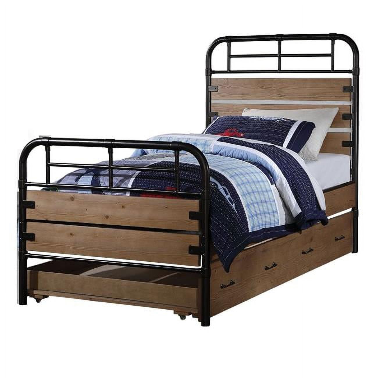 BM196885 Industrial Style Metal & Wood Twin Size Bed with Slated Headboard, Black & Brown -  Benzara