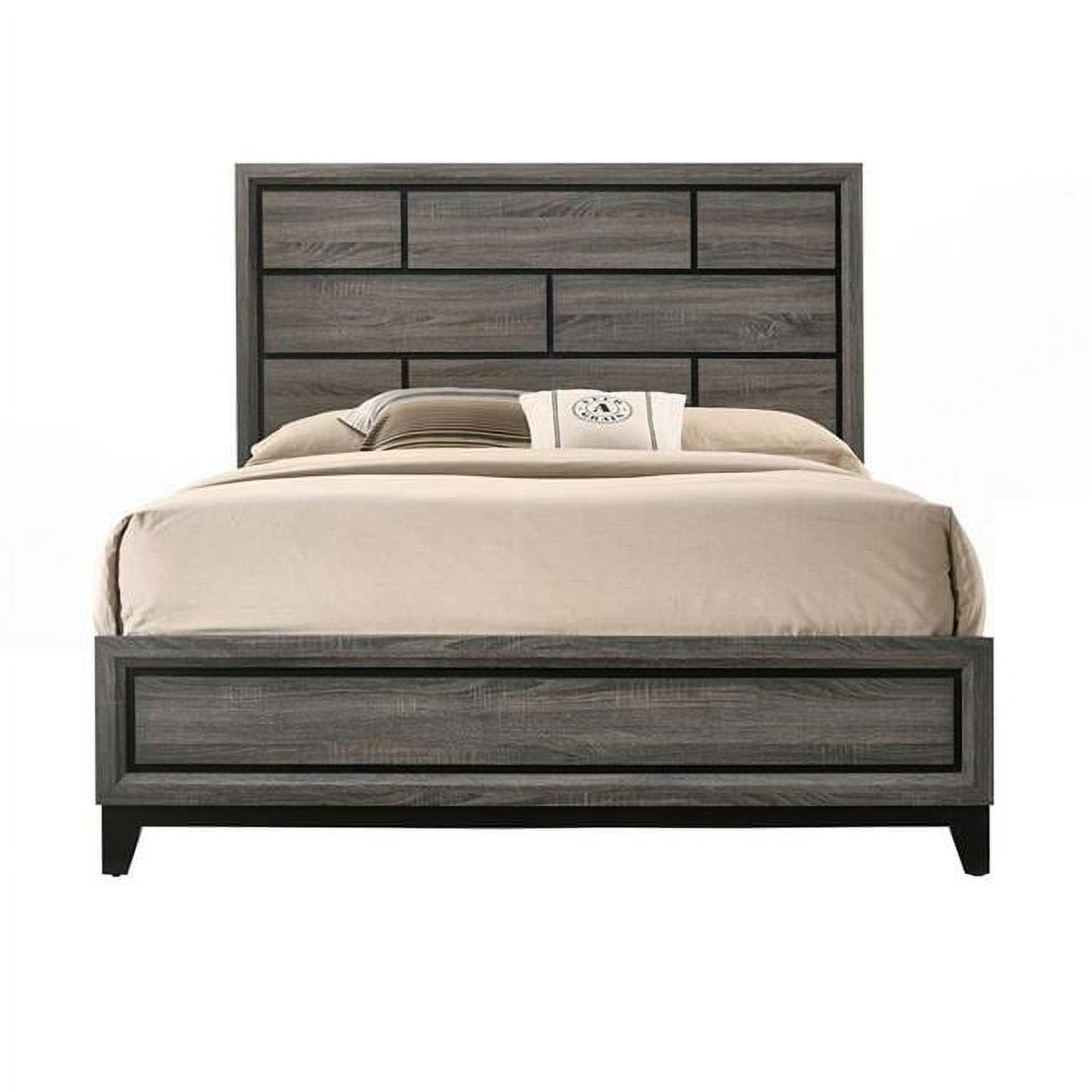 BM196932 Transitional Style Wooden Queen Size Bed with Brick Elements Panel Headboard, Gray -  Benzara