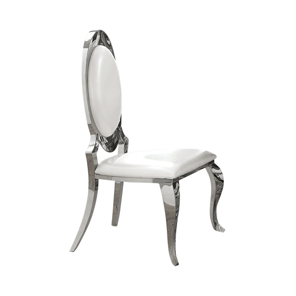 BM208550 Metal Armless Dining Chair with Oval Padded Back, Silver & White - Set of 2 -  Benzara