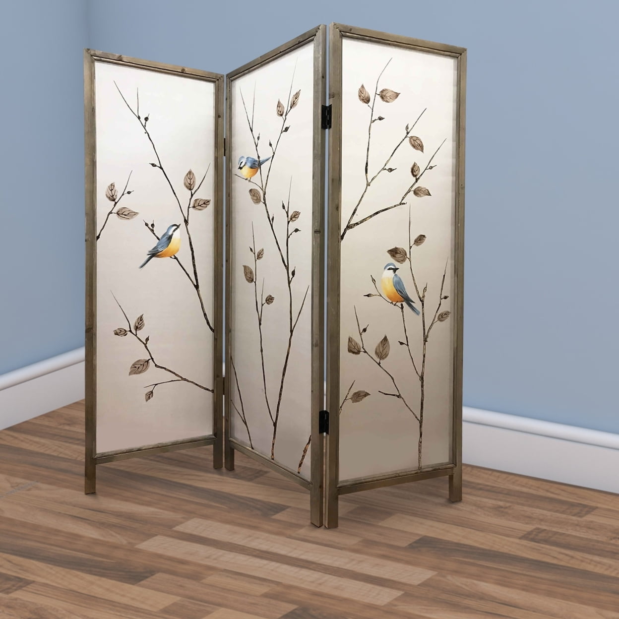 Picture of Benzara BM205893 Art Styled 3 Panel Wooden Screen with Hand painted Fabric Design, Beige