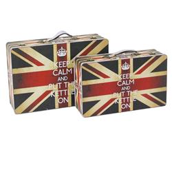 Picture of Benzara BM205924 Suitcase with Union Jack Print Canvas Upholstery&#44; Multi-Color - Set of 2