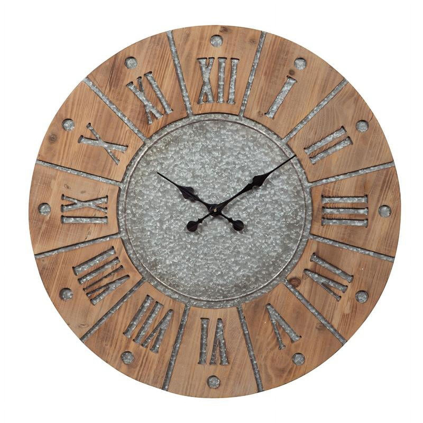 Picture of Benjara BM209368 Round Wooden Frame Wall Clock with Metal Accents&#44; Brown & Gray