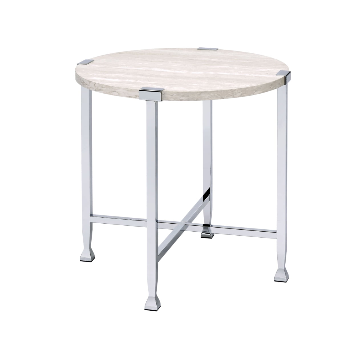 Picture of Benjara BM209593 End Table with X Shaped Metal Base & Round Wooden Top&#44; Silver & Beige