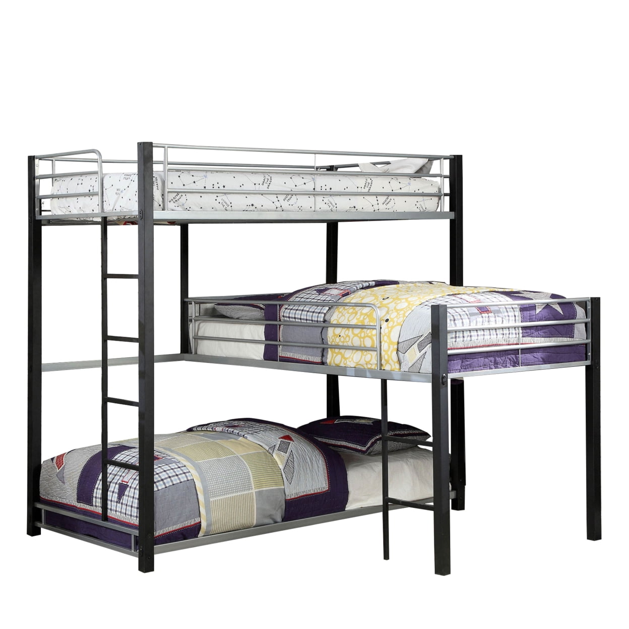 Picture of Benjara BM207601 74 x 78 x 79 in. 3 Tier Industrial Style Twin Bunk Bed with Corner Design&#44; Black & Gray