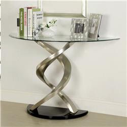Picture of Benjara BM207905 28.75 x 18 x 45 in. Sofa Table with Twisted Metal Base & Semi Circular Glass Top&#44; Silver