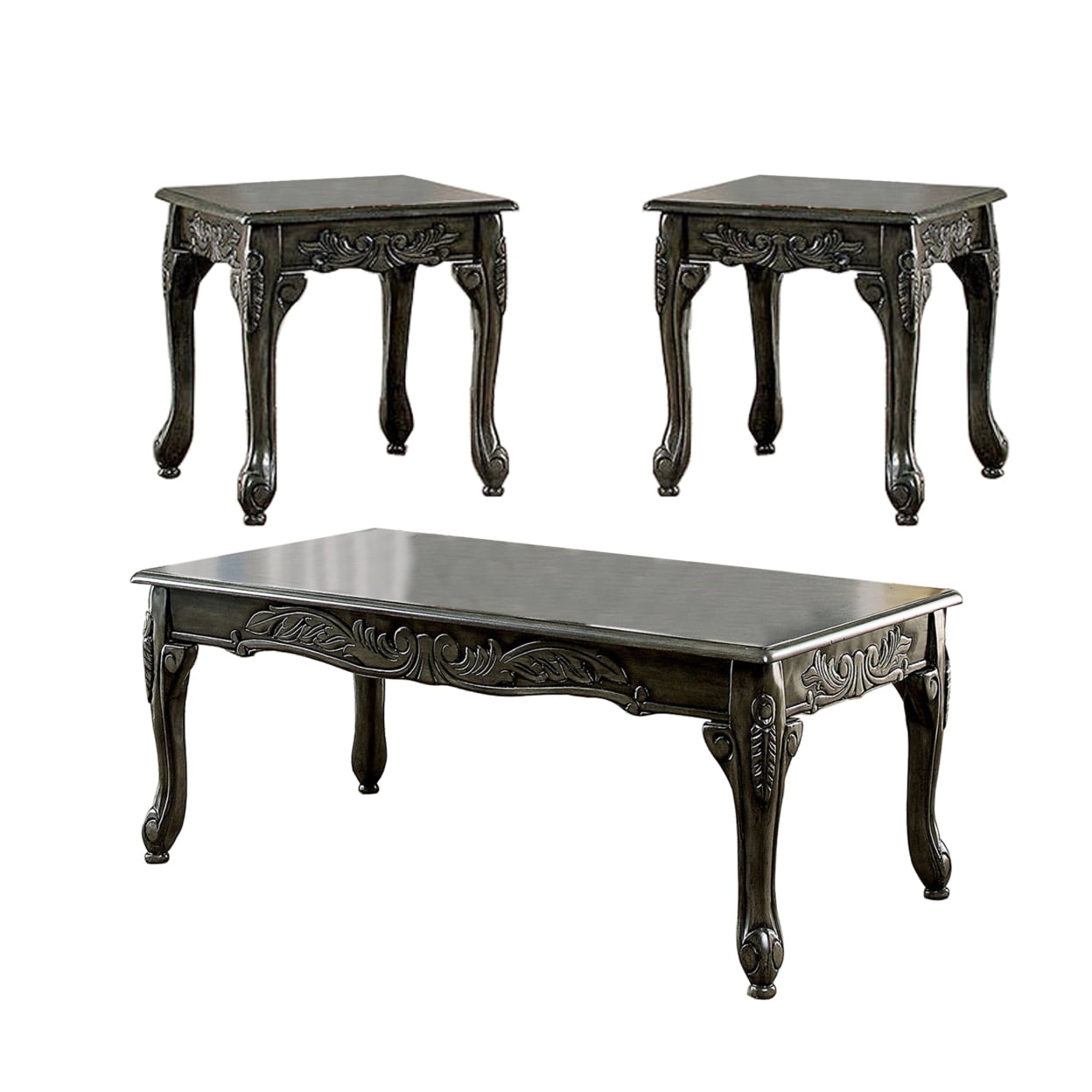Picture of Benjara BM207976 18 x 24 x 48 in. 3 Piece Table Set with Cabriole Legs & Wooden Floral Motifs&#44; Gray