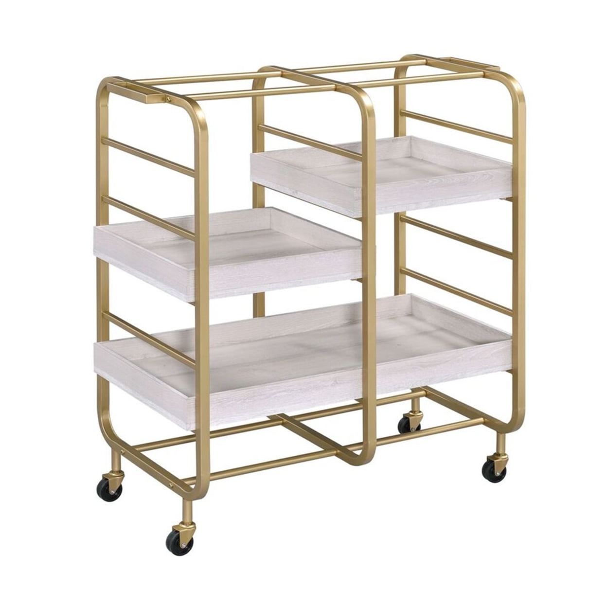 Picture of Benjara BM211119 Metal Frame Serving Cart with Adjustable Compartments - Gold & Washed White - 38 x 17 x 34 in.