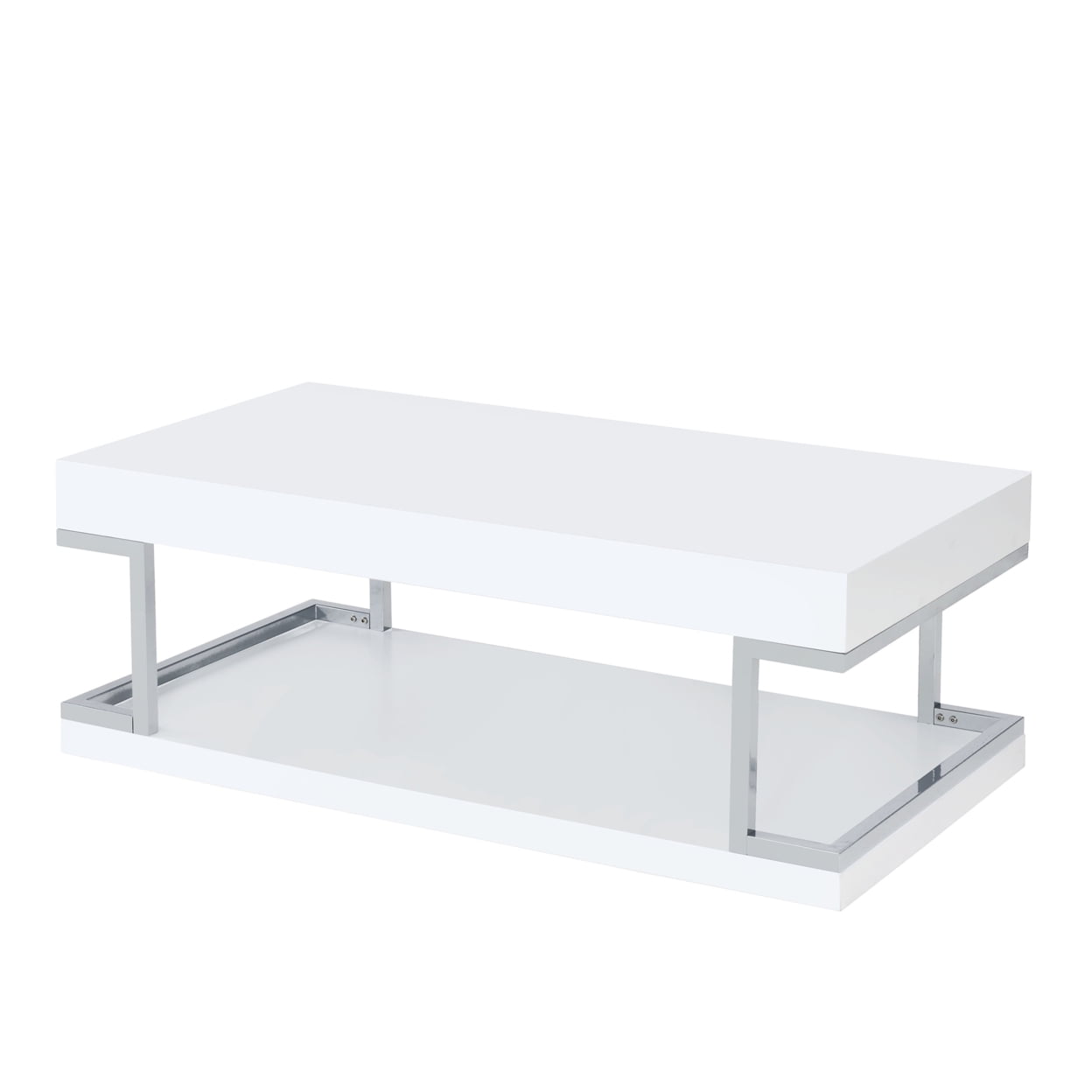 Picture of Benjara BM211121 High Gloss Contemporary Coffee Table with Bottom Shelf - White & Silver - 17 x 24 x 47 in.
