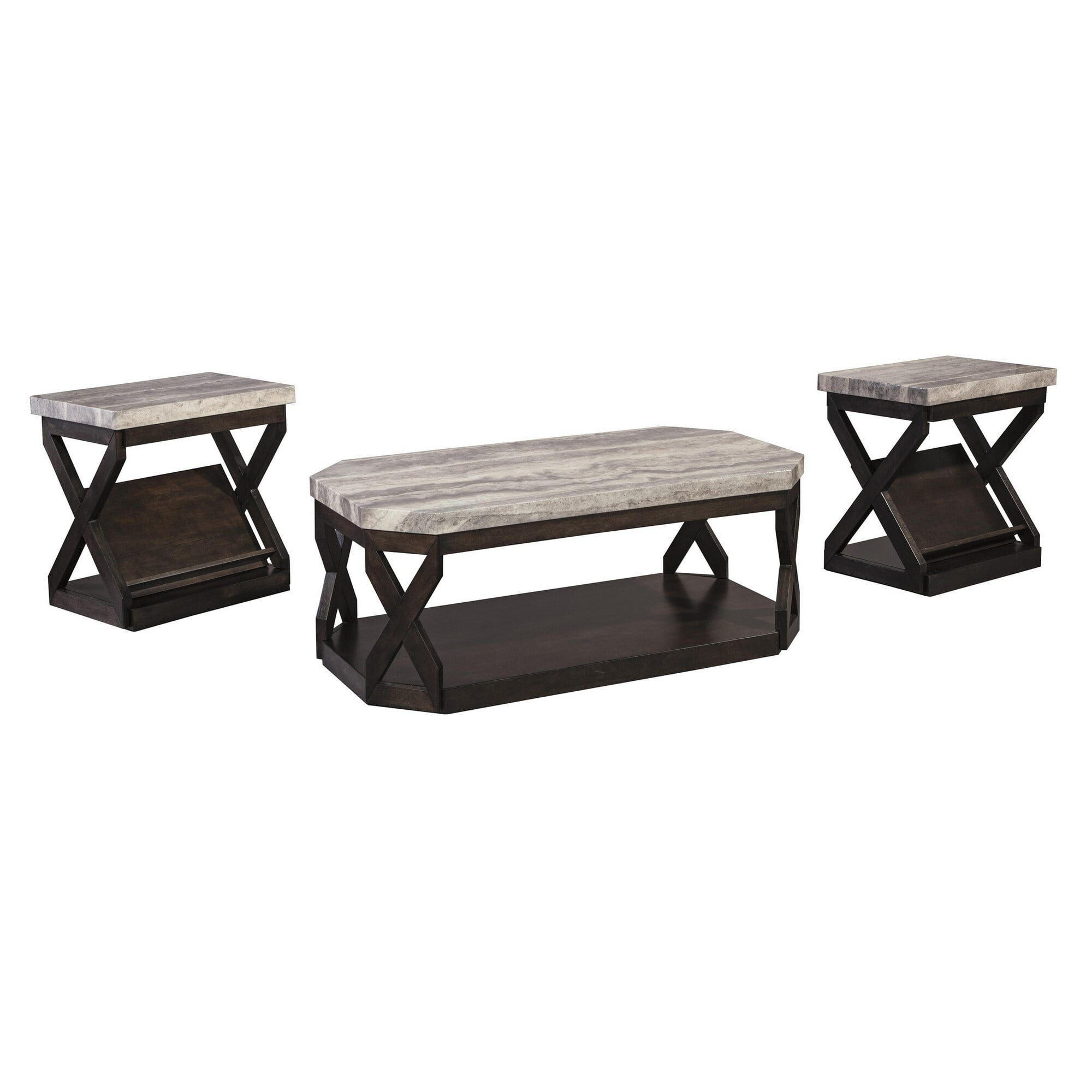 Picture of Benjara BM213404 Faux Marble Table Set with 1 Coffee Table & 2 End Tables - Gray & Brown - 19.25 x 48.13 x 24.13 in.