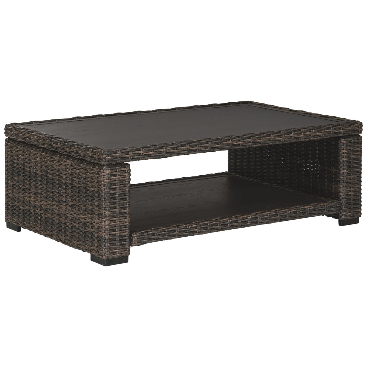 Picture of Benjara BM213312 Wicker Woven Aluminum Frame Cocktail Table with Open Shelf - Brown & Black - 16 x 48 x 30 in.