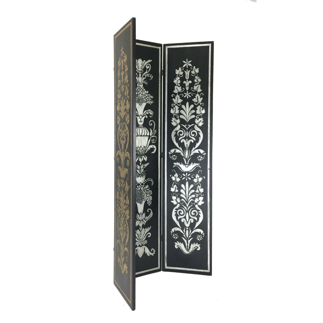 Picture of Benjara BM213494 Wooden Double Sided 3 Panel Room Divider with Motifs - Multi Color