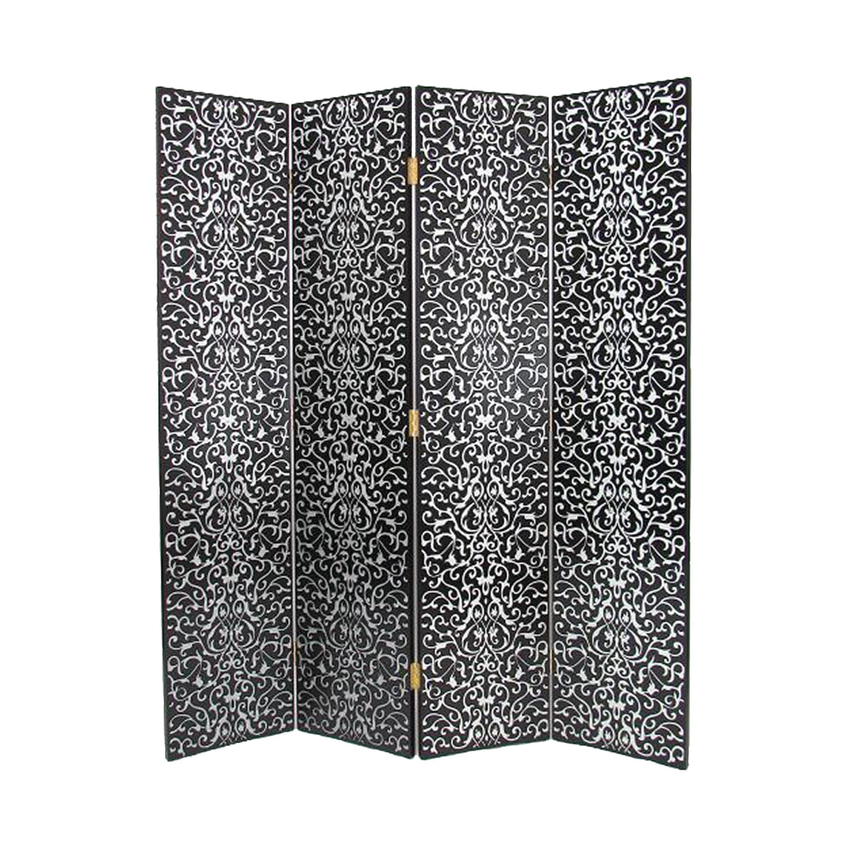 Picture of Benjara BM213512 Wooden 4 Panel Room Divider with Scrolling Motifs - Black & Silver