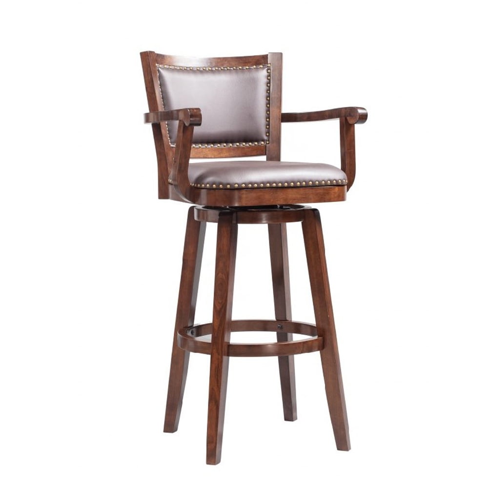 Picture of Benjara BM183375 Nailhead Trim Faux Leather Upholstered Barstool with Wooden Arms - Dark Brown