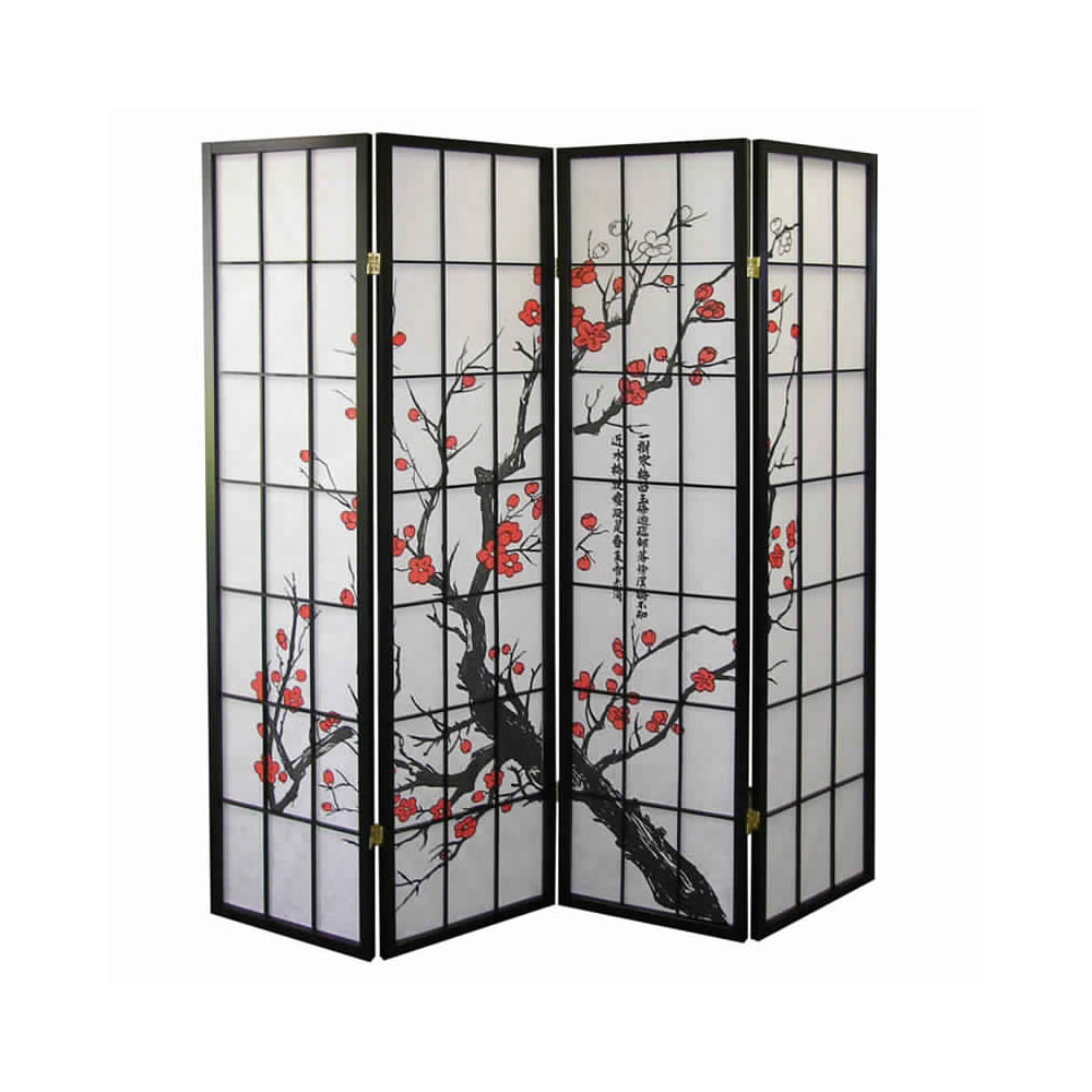 Picture of Benjara BM96076 Plum Blossom Print Wood & Paper 4 Panel Room Divider - Red & Black - 70 x 1 x 60 in.