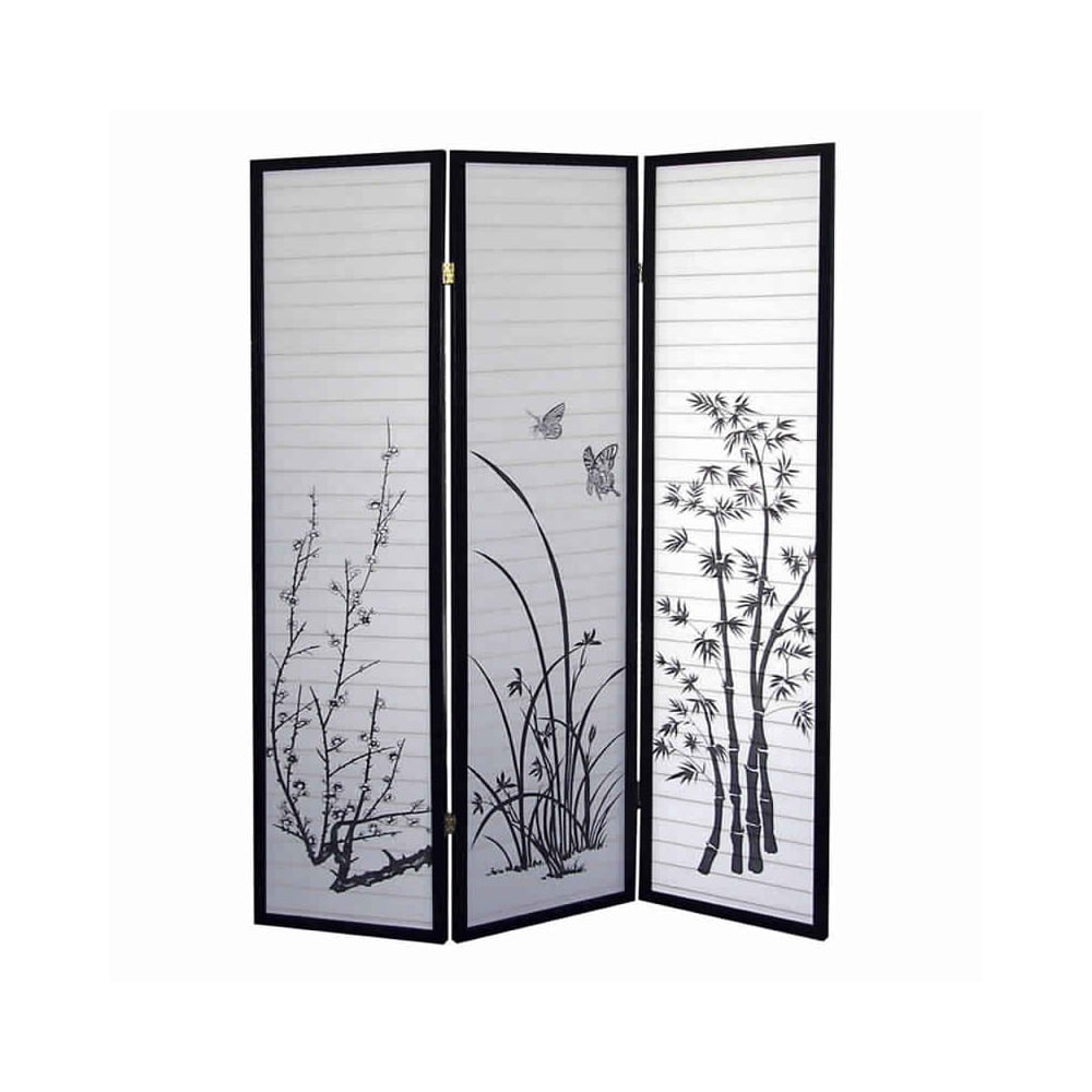 Picture of Benjara BM96092 Naturistic Print Wood & Paper 3 Panel Room Divider - White & Black - 70 x 1 x 50 in.