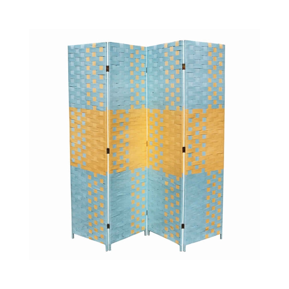 Picture of Benjara BM101166 Paper Straw 4 Panel Screen with 2 in. Wooden Legs - Blue & Yellow