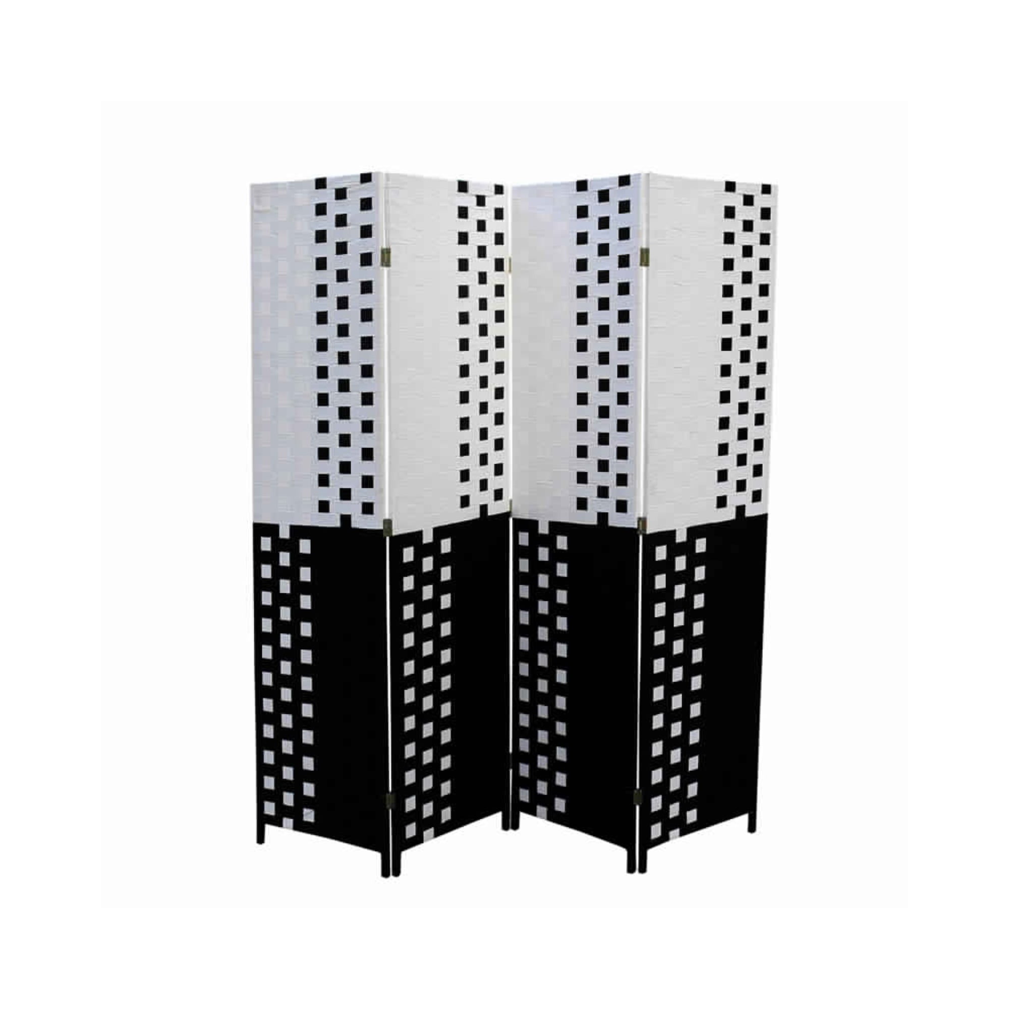 Picture of Benjara BM101167 Paper Straw 4 Panel Screen with 2 in. Wooden Legs - White & Black - 70.75 x 1 x 70.5 in.