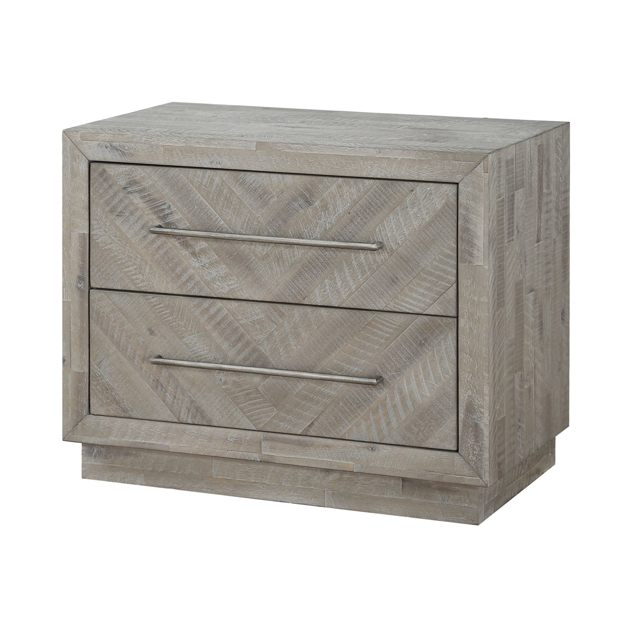 Picture of Benjara BM206671 Wooden Nightstand with Herringbone Pattern & 2 Drawers - Weathered Brown - 24 x 30 x 17 in.