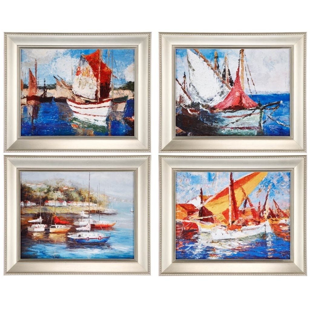 Picture of Benjara BM206721 Modern Style Metal Frames with Boat Scene Paintings - Silver - Set of 4