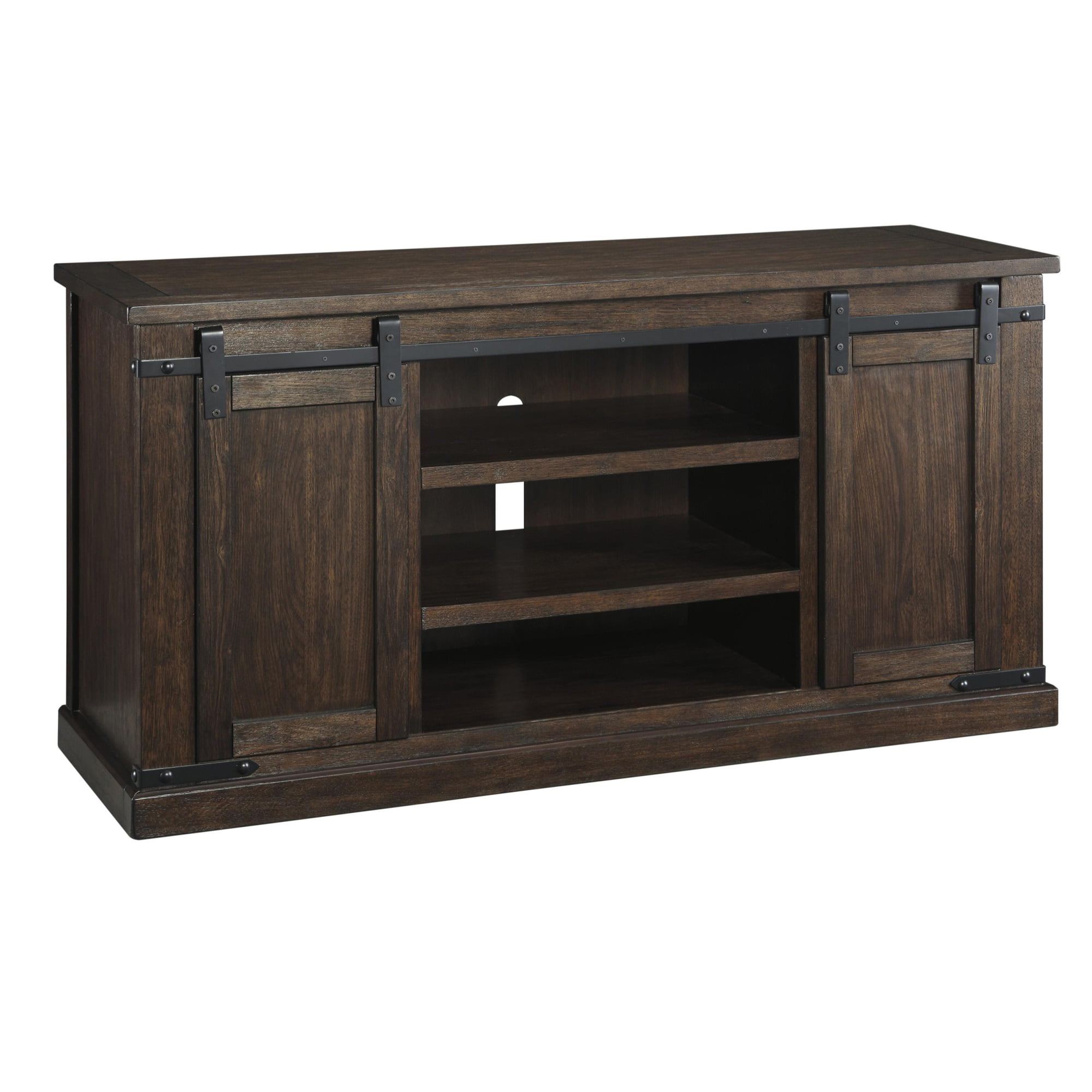 Picture of Benjara BM210795 Large Wooden TV Stand with 2 Barn Sliding Doors & 6 Shelves - Brown - 30 x 60 x 20 in.