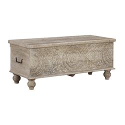 Picture of Benjara BM210821 Medallion Pattern Wooden Storage Bench with Hinged Opening - White