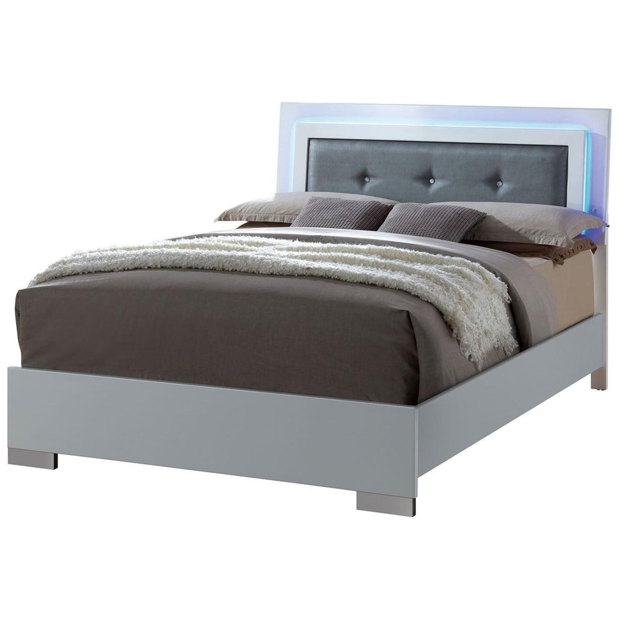 BM216279 Wooden Queen Size Bed with Leatherette Headboard & LED trim - White - 48.625 x 63.375 x 84.125 in -  Benjara
