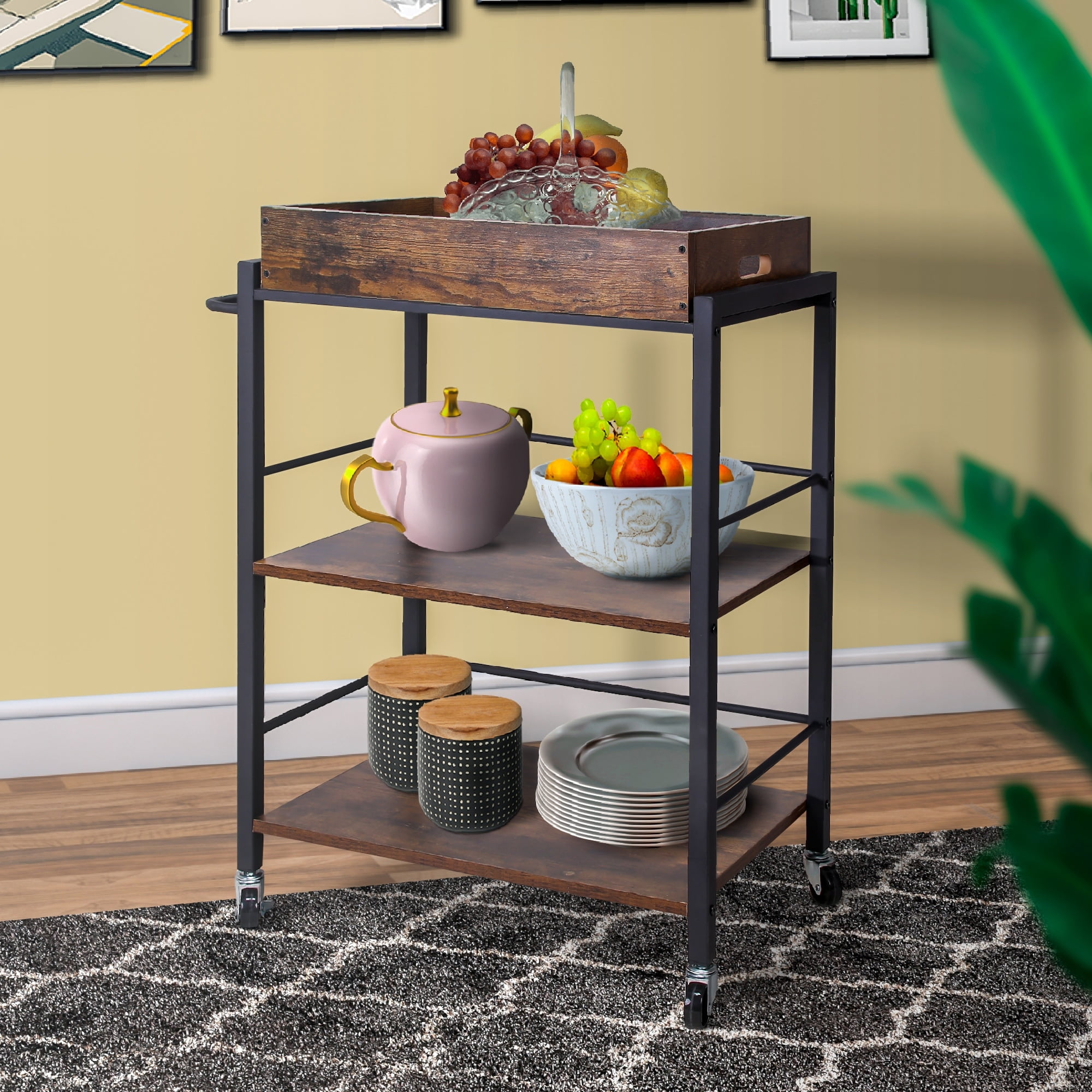 Picture of Benjara BM217112 Tray Top Wooden Kitchen Cart with 2 Shelves & Casters - Brown & Black