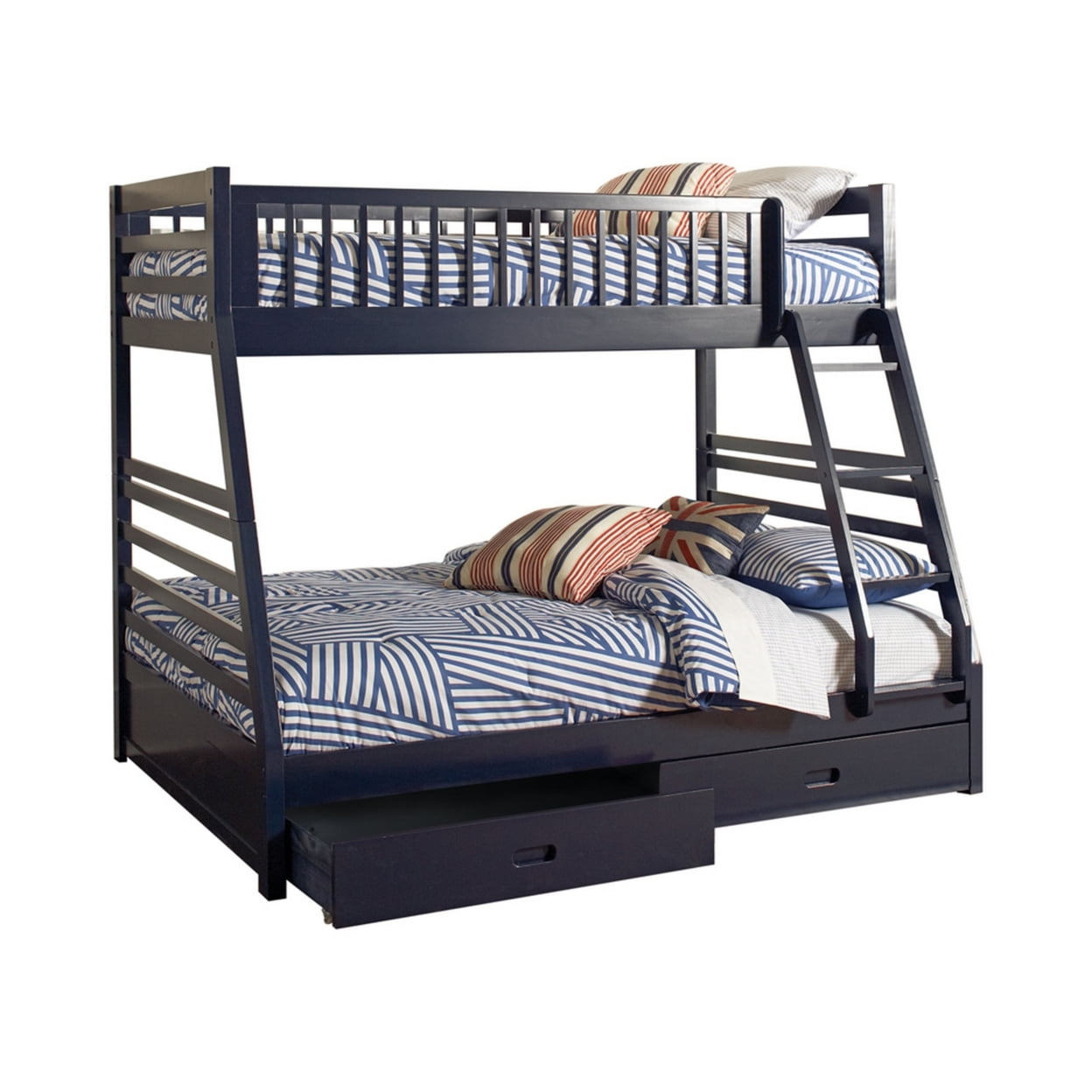 BM215948 Wooden Twin Over Full Size Bunk Bed with Wheel Supported Bottom Drawers, Blue -  Benjara