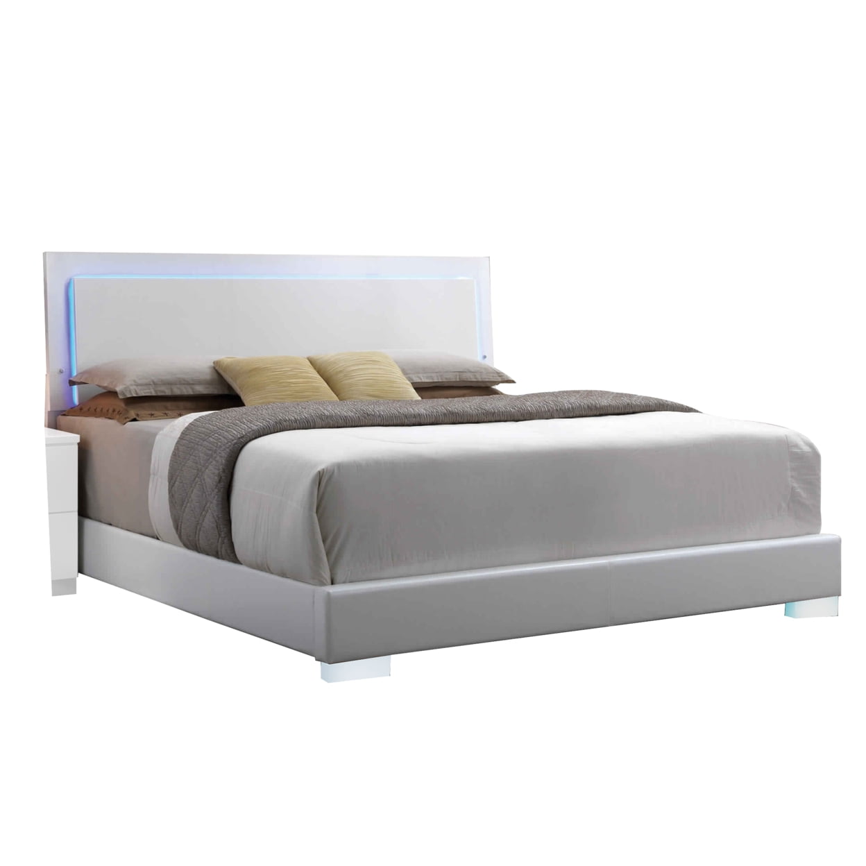 BM218470 Leatherette Eastern King Size Bed with LED Panel Headboard & Chrome Legs, White -  Benjara