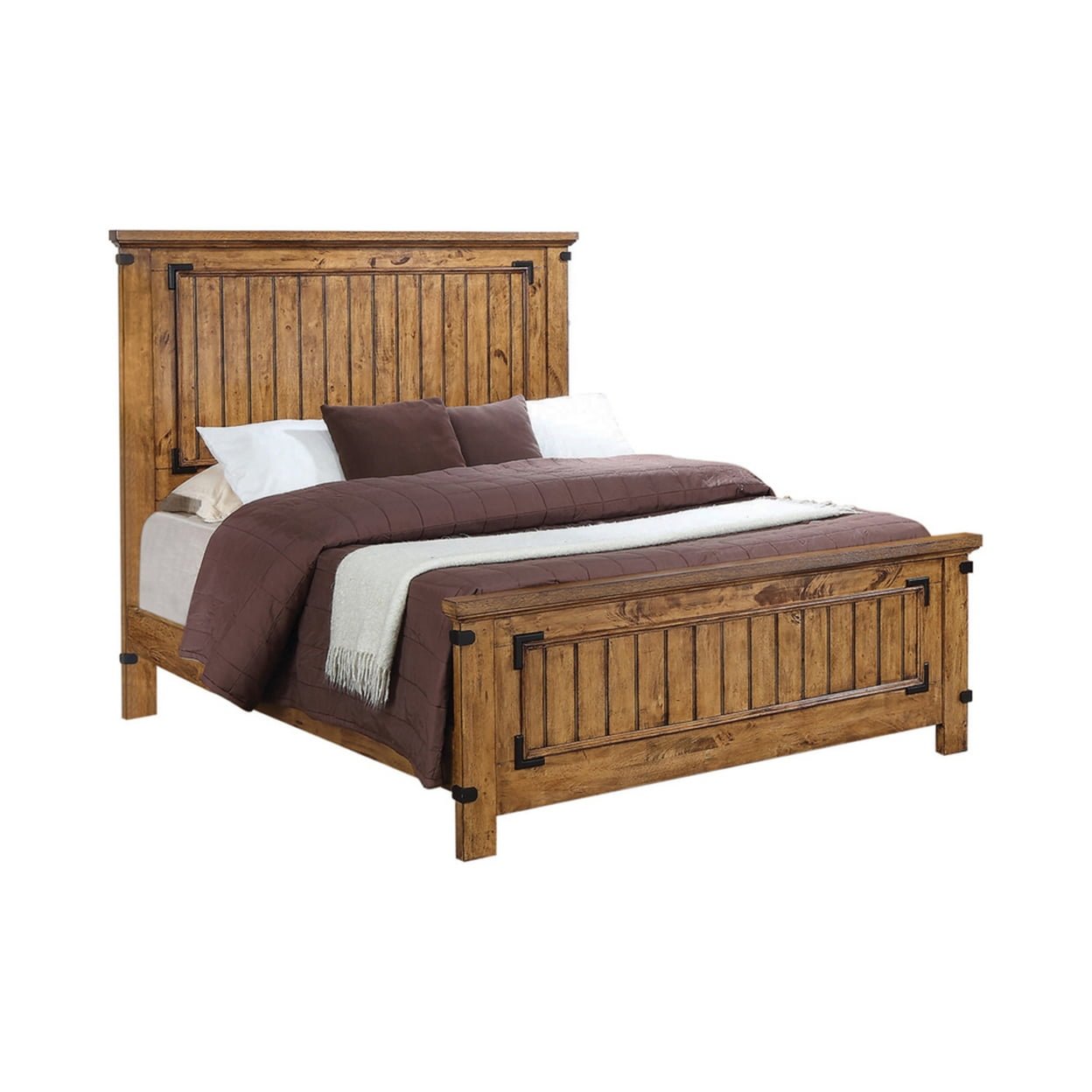 Cottage Style Queen Size Bed with Plank Detailing & Metal Accents, Brown -  DeluxDesigns, DE2804800