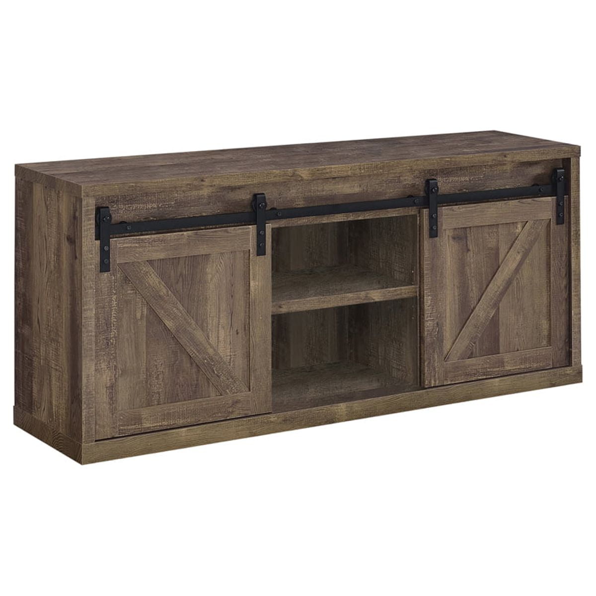 Picture of Benjara BM220264 59 in. Farmhouse Wooden TV Console with 2 Sliding Barn Doors&#44; Rustic Brown