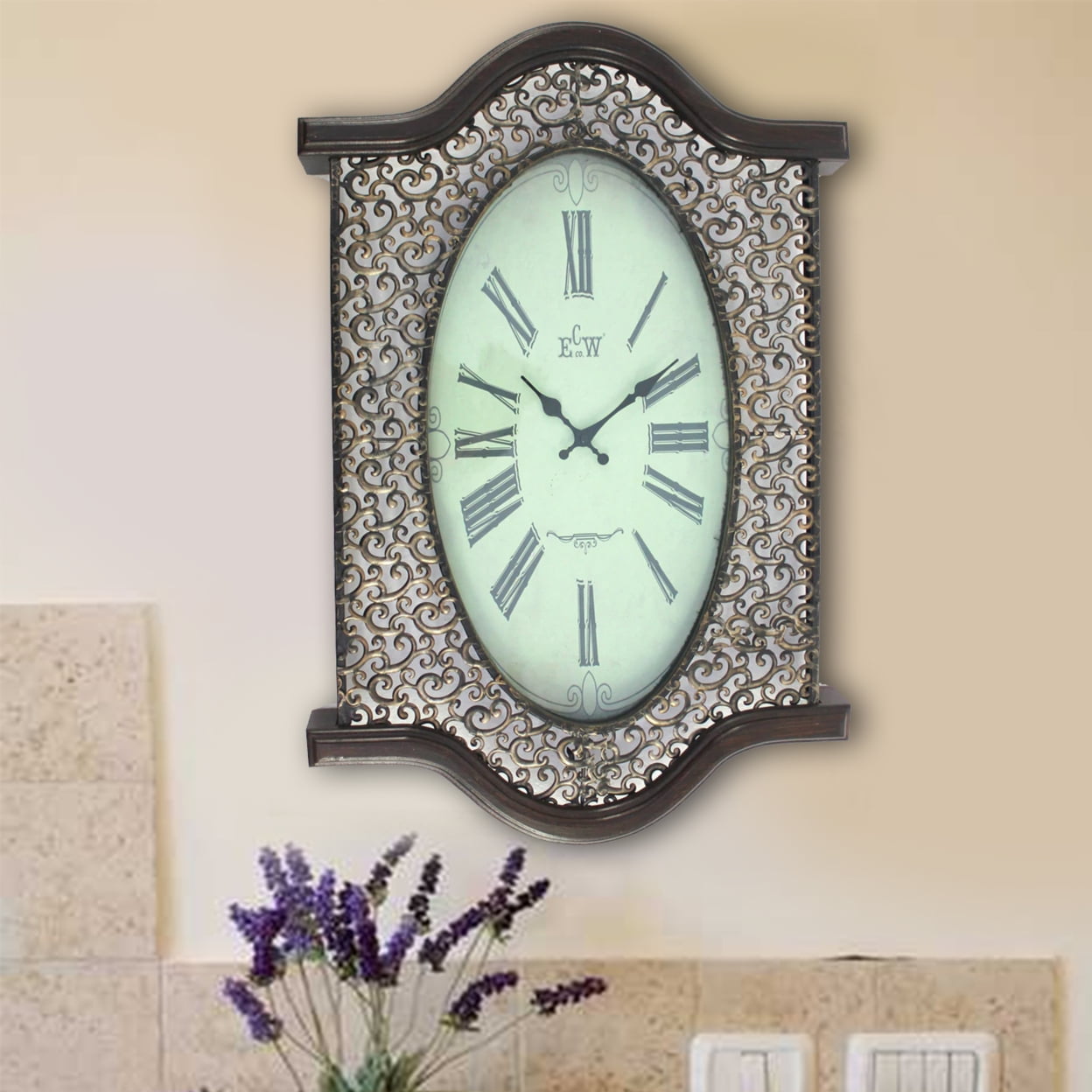 Picture of Benjara BM218338 Wall Clock with Scalloped Wooden Top & Bottom&#44; Brown - 2.5 x 20 x 30.5 in.