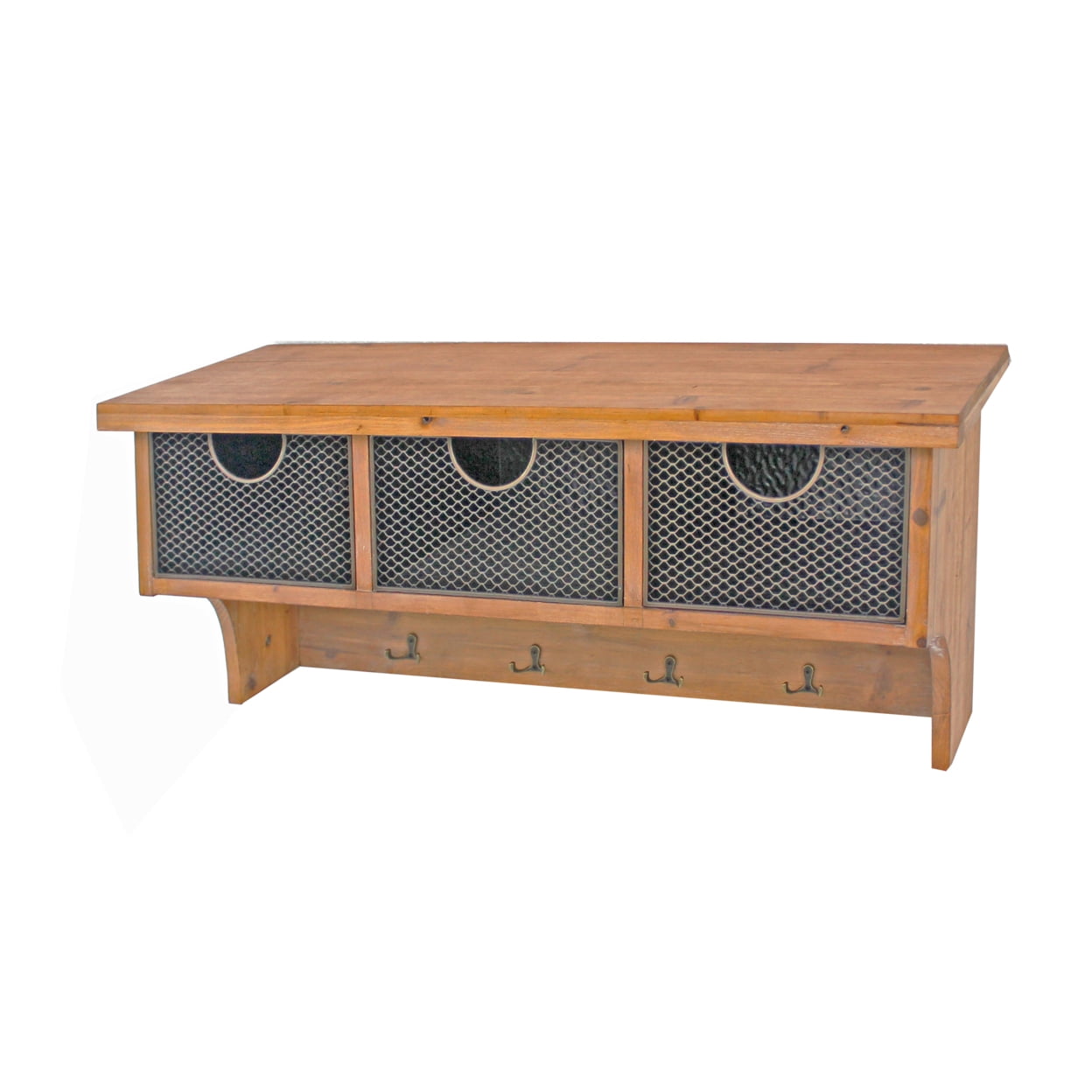 Picture of Benjara BM218344 Wooden Wall Shelf with 4 Hooks & 3 Wire Baskets&#44; Brown - 14.5 x 11 x 33 in.