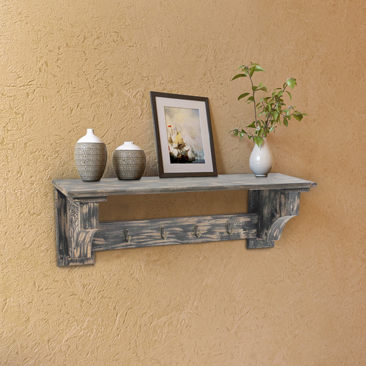 Picture of Benjara BM218360 Wooden Wall Shelf with 4 Hooks & Carved Side Frames&#44; Distressed Black - 9.75 x 8 x 30 in.