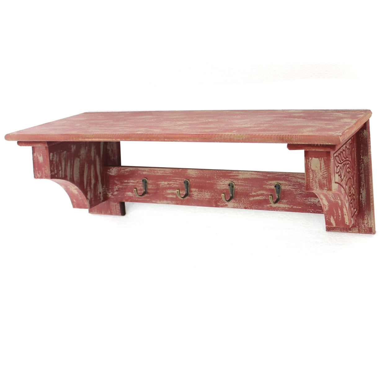 Picture of Benjara BM218362 Wooden Wall Shelf with 4 Hooks & Carved Side Frames&#44; Distressed Red - 9.75 x 8 x 30 in.