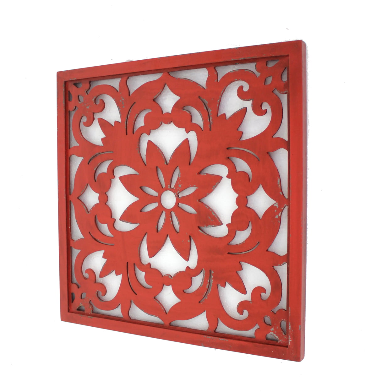 Picture of Benjara BM218410 Square Wooden Floral Wall Plaque&#44; Red - 24 x 1 x 24 in.