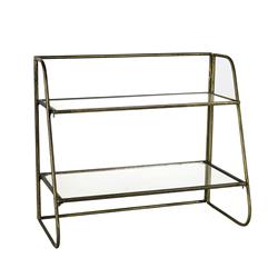 Picture of Benjara BM209840 2 Tier Tubular Metal Frame Stand with Glass Shelves&#44; Brass & Clear - 13.75 x 8.5 x 15.75 in.