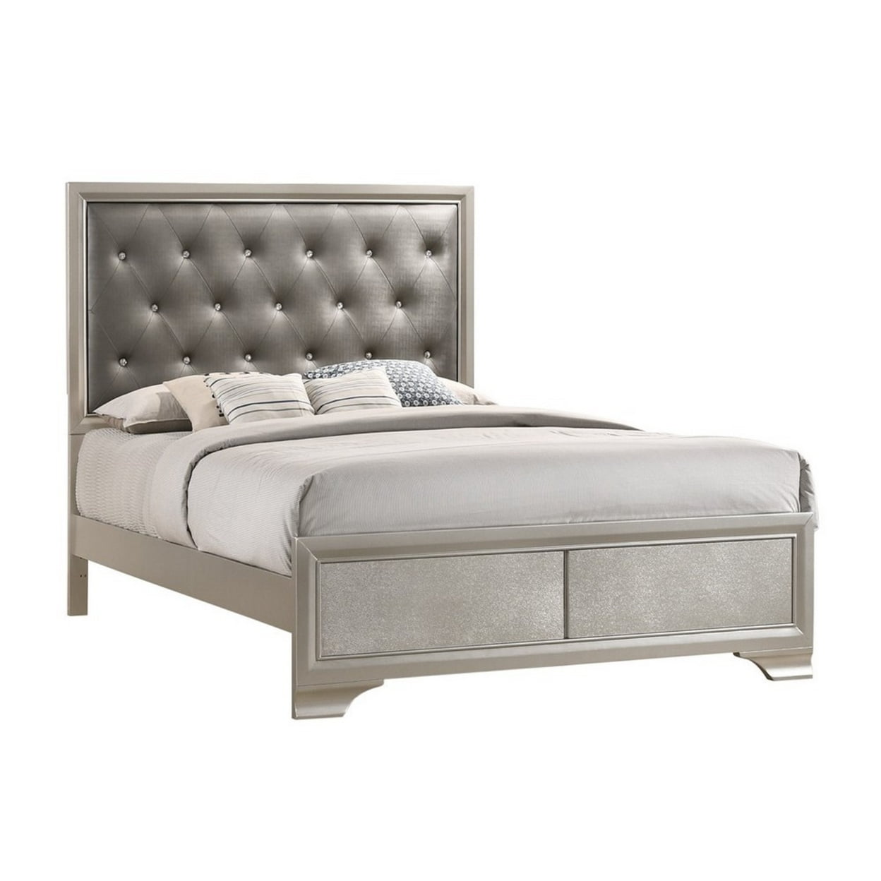 BM215530 Padded Leatherette Queen Size Bed with Diamond Tufting, Silver & Gray -  Benjara