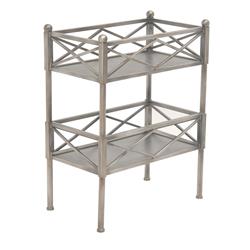 Picture of Benjara BM217285 2 Tier Metal Frame Storage Shelf with Geometric Details&#44; Silver - 31.5 x 14.5 x 24.5 in.