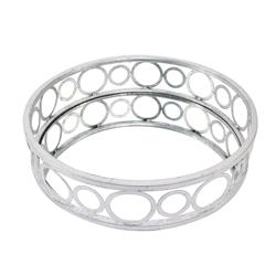 Picture of Benjara BM217298 Round Metal Tray with Geometric Mirror Panel Inserts&#44; Silver - 4 x 14 x 14 in.