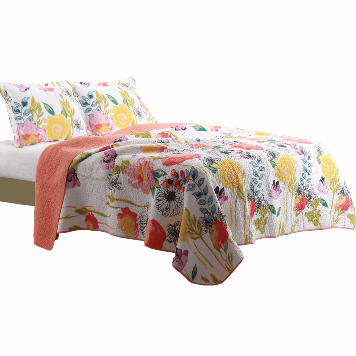 Picture of Benjara BM42364 Cotton King Size Quilt Set with Stencil Flower Print, Multi Color - 8 x 15 x 20 in. - 3 Piece