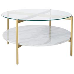 Picture of Benjara BM226524 Glass Top Cocktail Table with Faux Marble Bottom Shelf&#44; Clear & Gold