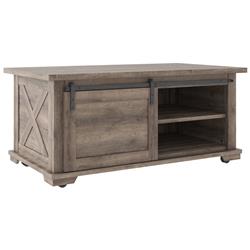 Picture of Benjara BM226539 Panel Design Wooden Cocktail Table with Barn Sliding Door & Casters&#44; Brown