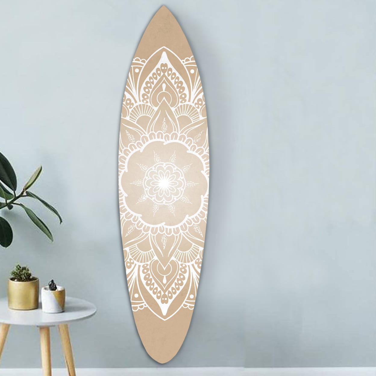 Picture of Benjara BM220213 Wooden Surfboard Wall Art with Medallion Print&#44; Brown & White
