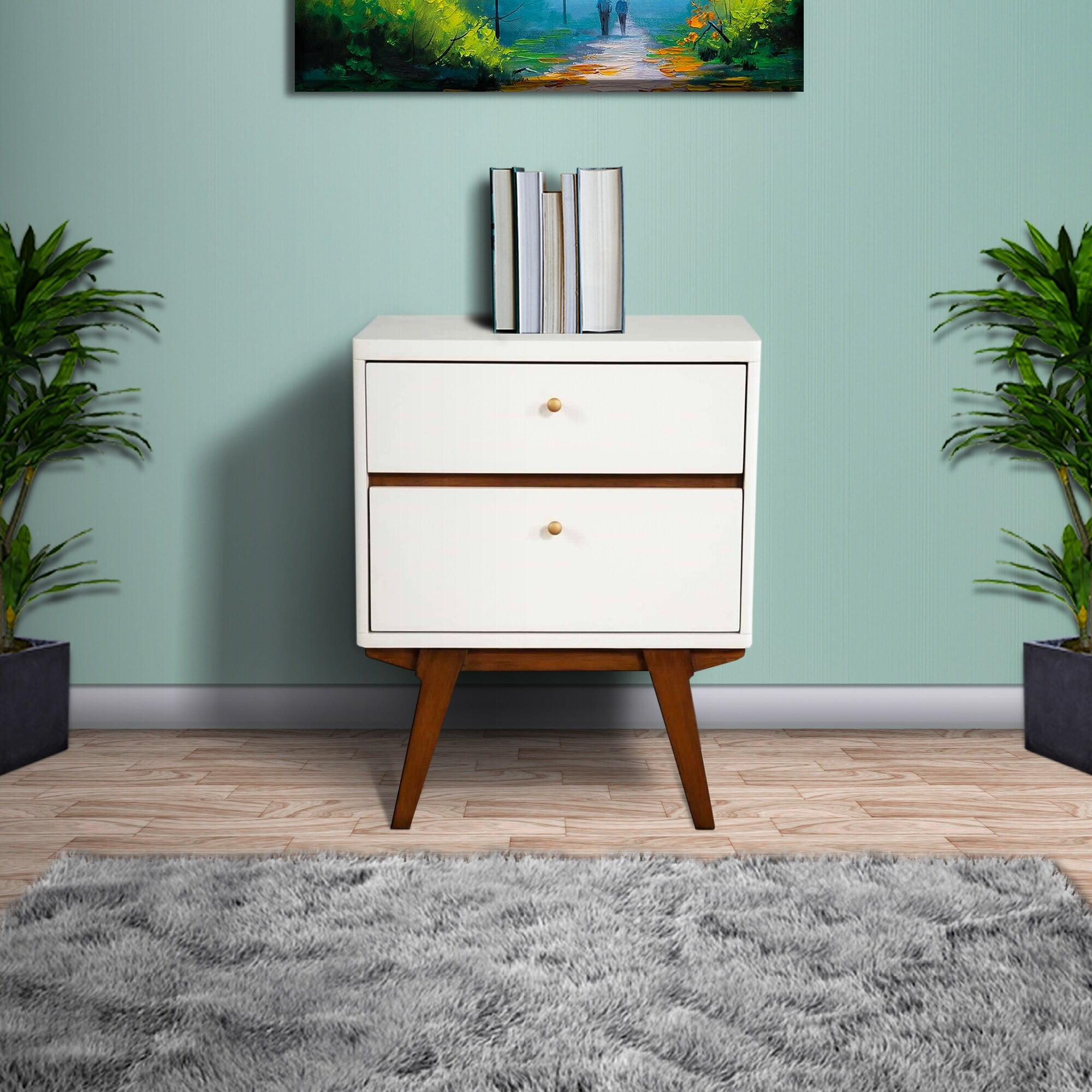 Picture of Benjara BM220496 2 Drawer Wooden Nightstand with Angled Legs&#44; White & Brown