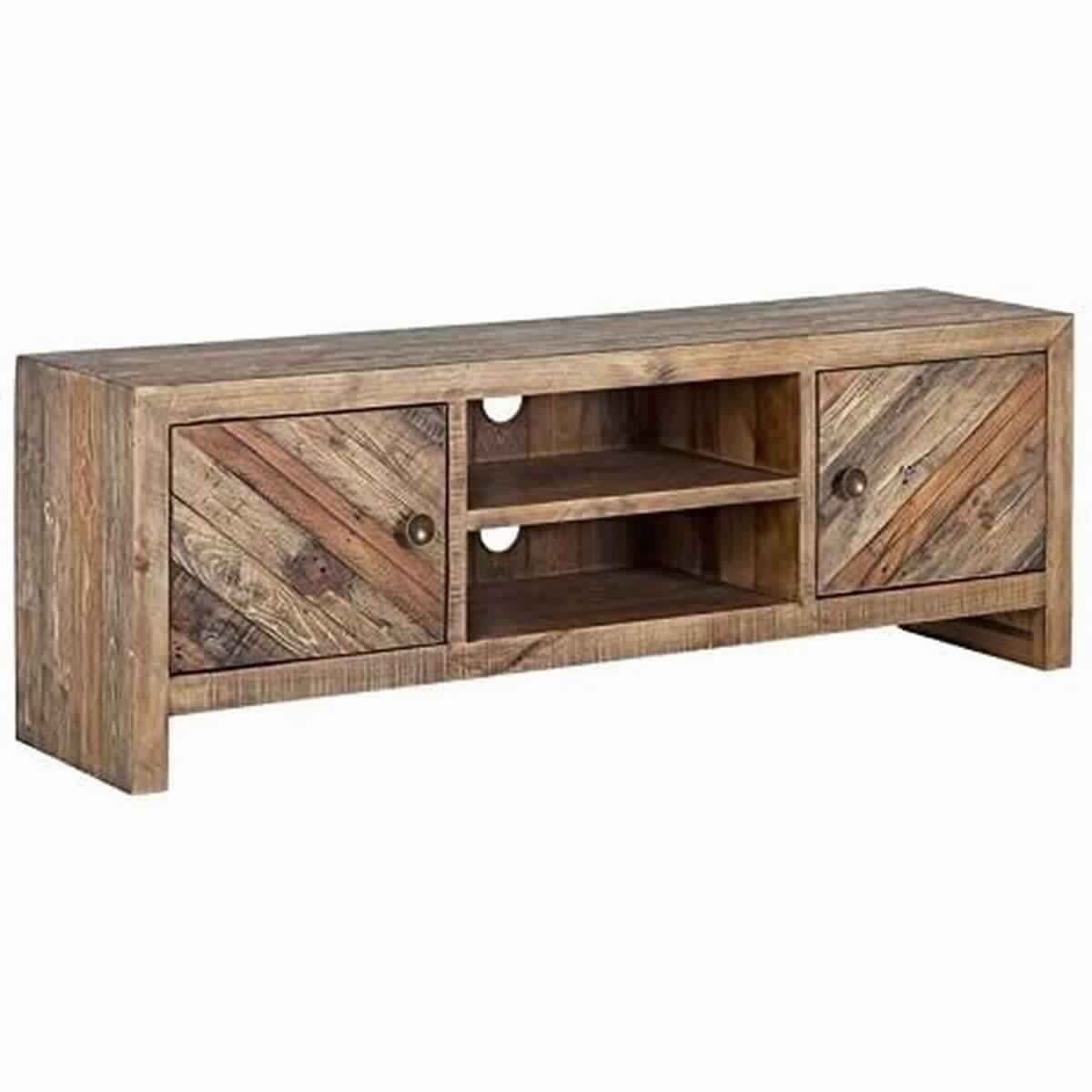 Picture of Benjara BM220530 Wooden TV Console with 2 Cabinets & Open Center Shelf&#44; Weathered Brown