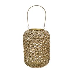 Picture of Benjara BM221089 Cylindrical Rattan Lantern with Metal Frame & Handle&#44; Brown & Gold - Small